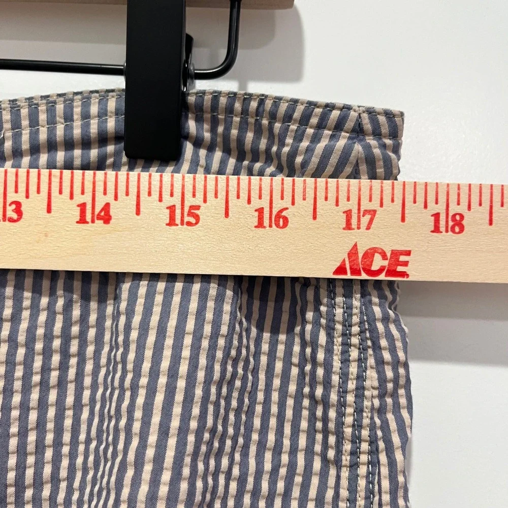 J. Crew Mens Seersucker Striped Board Shorts Blue Tan Swim Trunks Size 33